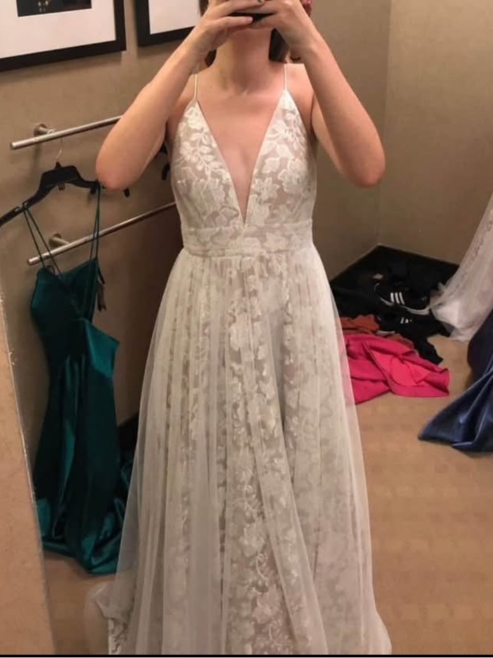 White Lace V-Neck A-Line Prom Dress - Picture 3 of 8
